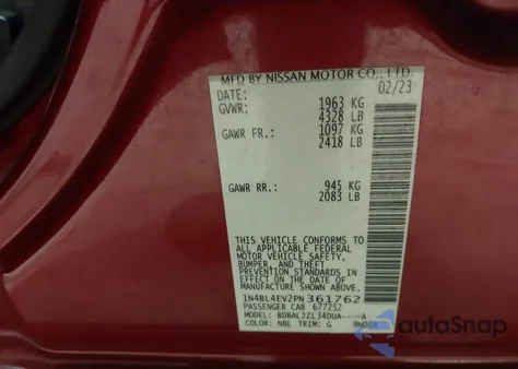 2023 Nissan Altima Sl Fwd z USA, uszkodzony, nr VIN 1N4BL4EV2PN361762